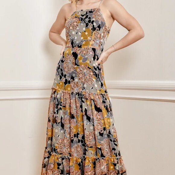 Wonderful Memories Black Floral Jacquard Tiered Midi Dress Lulus Size M - Picture 1 of 10